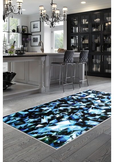 Kaymaz Dijital Mutfak & Salon Halı Star Pamuk Geometrik E5012 Mavi