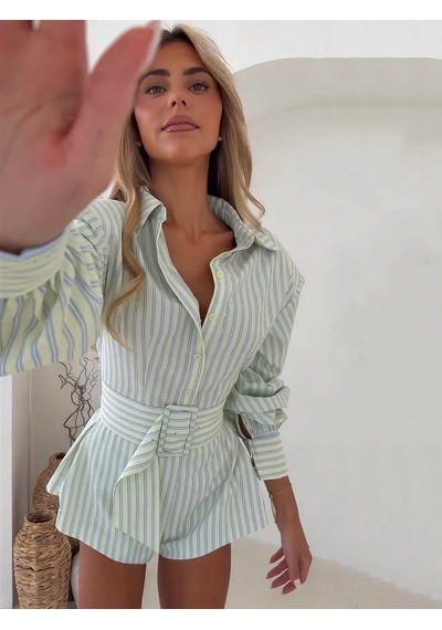 Havens Honey Çizgili Şort Gömlek Kemer Set Yeşil