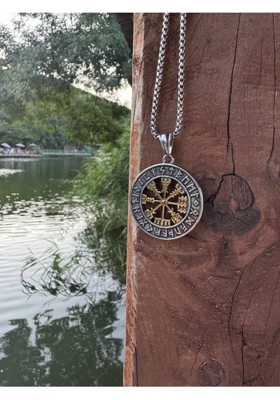 Viking Nordik Vegvisir İşlemeli Runik Sembollü 316l Paslanmaz Çel