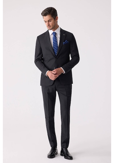 Erkek Siyah Slim Fit Çizgili %100 Yün Takım Elbise