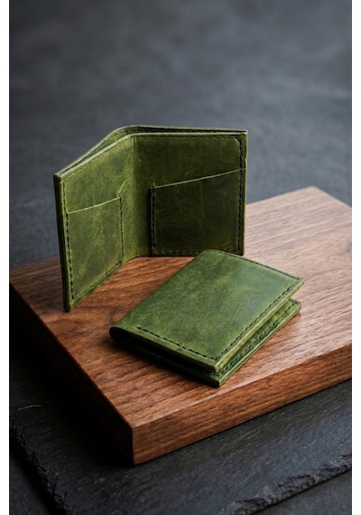 Huggy Craft Hakiki Deri Vintage Haki Yeşil Kartlık Cüzdan El Yapımı Minimalist Kartlık