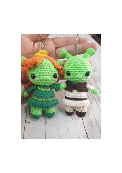 Amigurumi Örgü Oyuncak Shrek Ve Fiona Anahtarlık Yeşil