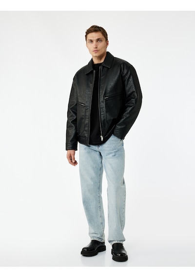 Koton Slim Fit Uzun Kollu Fermuarlı Gömlek Yaka Suni Deri Ceket Siyah 6wam20162hw Siyah
