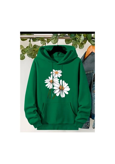Medinenur Papatya Baskılı Kapüşonlu Sweatshirt Yeşil