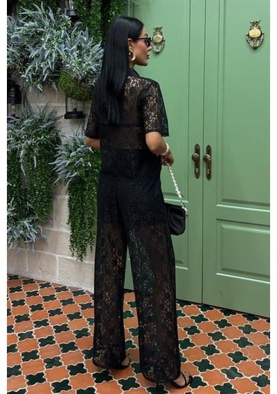 Moderie Butik Pantolonu Astarlı Dantel İkili Takım 10119 Si Yah