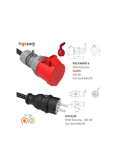 Hgsşarj 5x32a 380v-450v İle Çalışan Cihazınızı, 220v Ev Tipi Prize Bağlar. Elektrikli Araç Şarj Kablosu Dönü Genel
