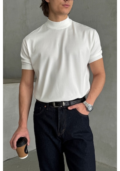 Erkek Oversize Yarım Balıkçı Triko T-shirt Beyaz
