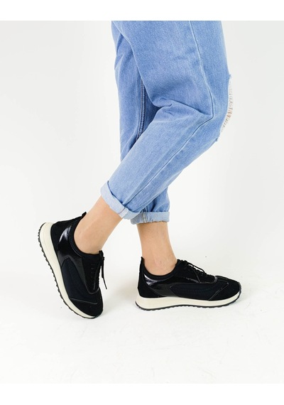 Gdt Ayakkabı Siyah Renk Streçt Boğaz Bağcıklı Düz Taban Kadın Sneakers
