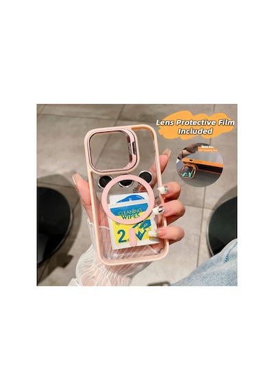 Apple iPhone Uyumlu 15 Pro Max Kılıf Magsafe Krom Mika Kapak Renkli Silikon +lens Koruyucu Cam Set Kamera Standlı Renk009