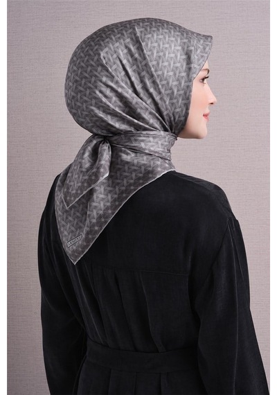 Armine Sura Saf İpek Eşarp 9622 33 Gri Geometrik Desen