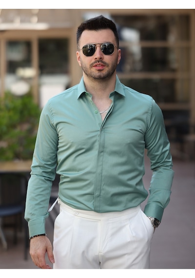 Süper Slim Fit Dar Kalıp Gizli Düğmeli Pamuk Saten Gömlek Mint