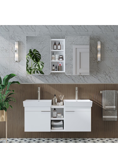 Likya 2 Kapaklı Ve Açık Raflı Mdflam 2 Lavabolu 120 Cm Banyo Dlp