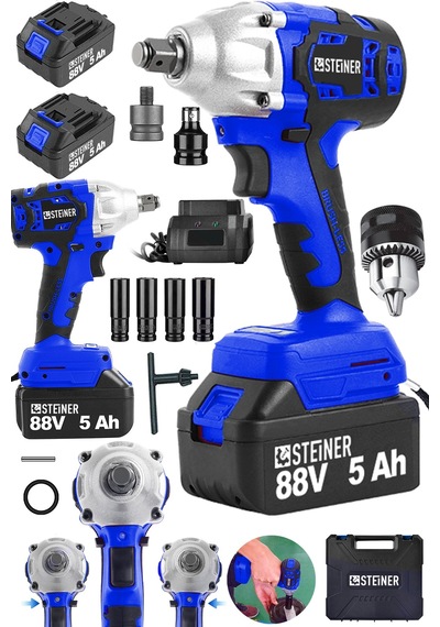 Steiner 88V 5Ah Çift Akülü Kömürsüz Çantalı Matkap Bijon Somun Sıkma Makinesi Mavi + Mandren