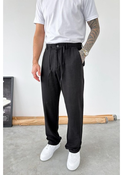 Siyah Beli Lastikli Keten Pantolon