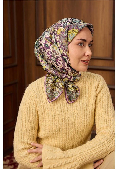 Silk Home Twill İpek Eşarp Mürdüm-butter Yellow Desenli Tok Duruşlu 90x90 Çok Renkli