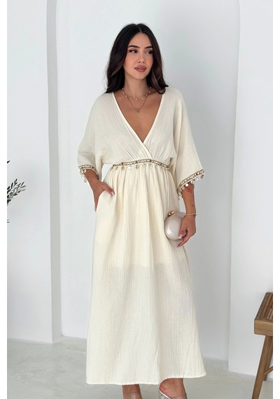 Asprin Fashion Anvelop Yaka Pullu Elbise Beyaz Beyaz