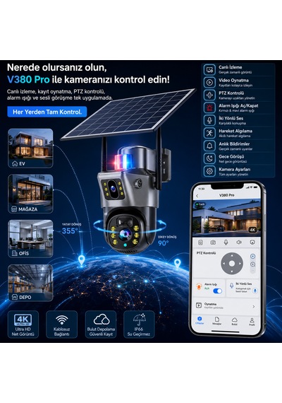 6mp Solar Wifi Çift Lensli Ptz Güvenlik Kamerası 360 Dönüş Hareket Algılama Gece Görüşü Uzaktan İzleme Ip66 Dış Mekan Kamera