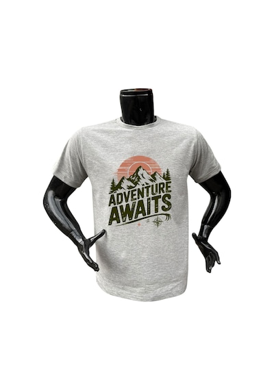 Adventure Awaits Kamp Outdoor Dağ Baskılı %100 Pamuk Regular Fit Bisiklet Yaka Gri T-shirt Gri