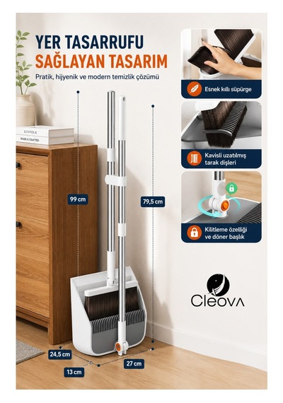 Cleova Fırçalı Faraş Seti Paslanmaz Çelik Saplı Katlanabilir Fırça Temizleme Taraklı