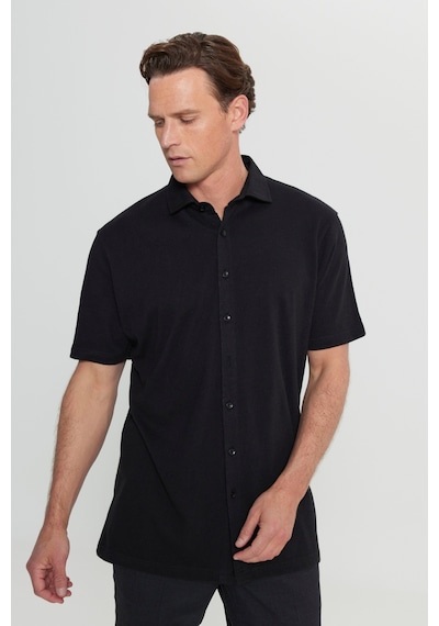 AC&Co / Altınyıldız Classics Erkek Sıyah Pamuklu Comfort Fit Rahat Kesim Klasik Yaka Örme Gömlek Siyah