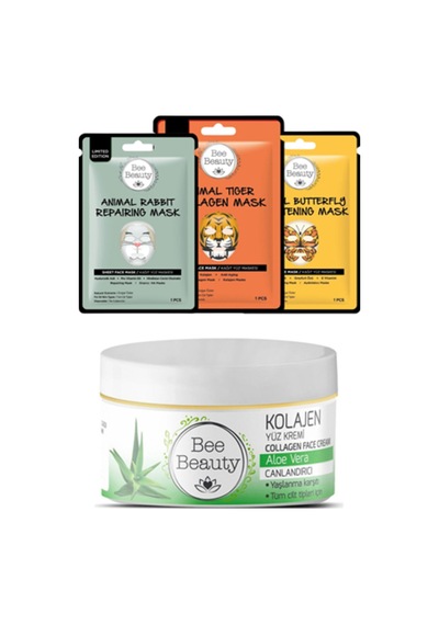 Aloe Vera Kolajen Yüz Kremi 50 Ml Animal Kağıt Maske Set 3 X 25 Gr