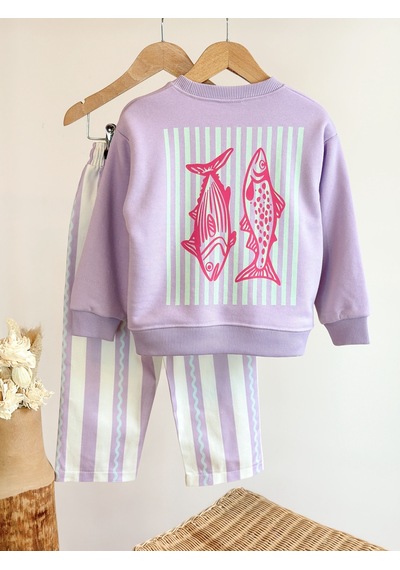 Magu Kız Çocuk Pamuklu Balık Baskılı Lila Sweatshirt Ve Çizgili Pantolon Takımı Çok Renkli