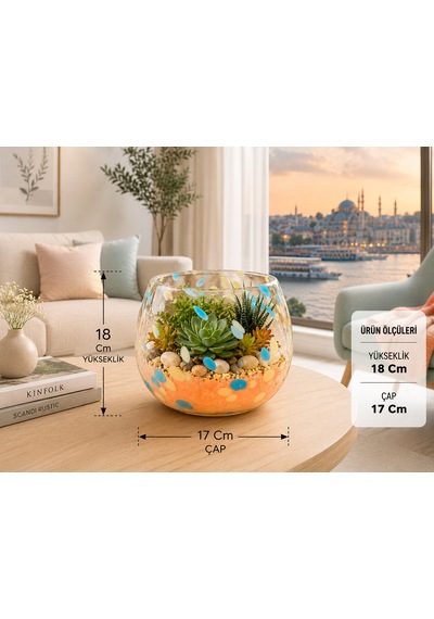 Üfleme Cam Teraryum Saksı Seti Turuncu Mavi Benekli Dekoratif Cam Kase Vazo 18x17 Cm