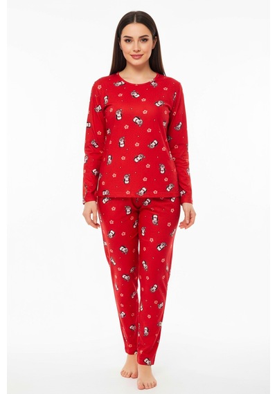 Bisiklet Yaka Süet Pijama Takımı 6005 Penguen Kırmızı Kırmızı