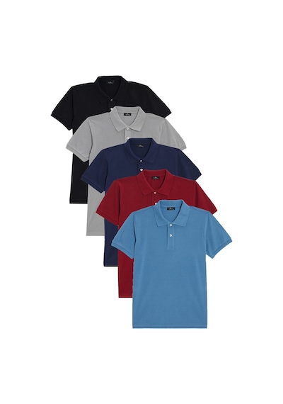 Tudors Erkek 5'li Paket Siyah-gri-lacivert-mavi-bordo Slim Fit Dar Kesim Pamuklu Düz Pike Polo Yaka Tişört-50787 Çok Renkli