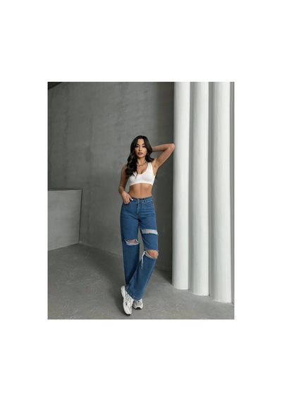 Kene Jeans Çift Diz Lazer Yırtık Mavi Bol Paça Jeans Mavi
