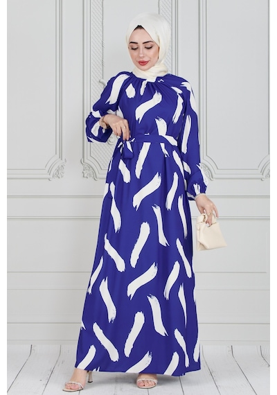 Sevitli Fırça Desen Saten Tesettür Elbise-mavi-3597 - Mavi