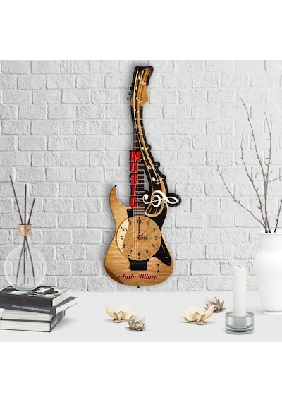 Kişiye Özel Dekoratif Gitar Tasarımlı Ahşap Duvar Saati - 5 Çok Renkli