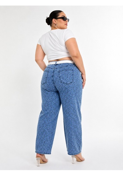 Büyük Beden Denim Kemerli Yüksek Bel Puantiyeli Cepli Balon Kesim Kadın Pantolon Mavi