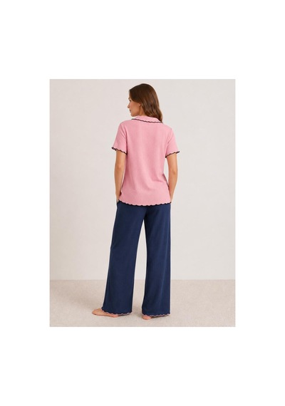 Pijamask Kadın Kısa Kollu Pamuklu Pijama Takım Lacivert