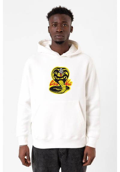 Cobra Kai Logo Beyaz Erkek 3ip Kapşonlu Sweatshirt Beyaz