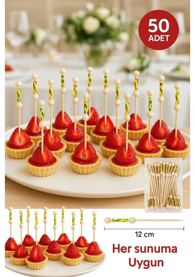 50'li Pkt - Sarı Örgülü Şık Sunumlar İçin 12 Cm Dekoratif Bambu Kürdan Parti Ve Davet Kürdanı