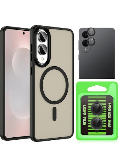 Vendas Galaxy Uyumlu S25 Edge Kılıf M-safe Şarj Özellikli Mat Arka Yüzey Zore Sio Kapak + Kamera Lens Koruyucu Siyah