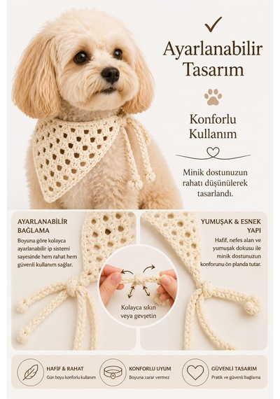 Kadın & Köpek Kombin El Örgüsü Minik Dost Bandana Seti Ayarlanabilir Evcil Hayvan Sahip Kombini Bohem Tasarım Krem