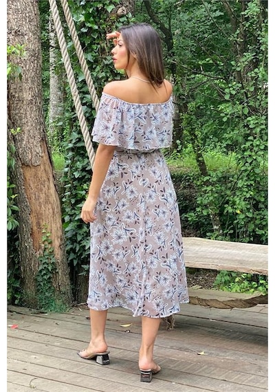 Neşeli Butik Kadın Bej Madonna Kuşaklı Çiçek Desenli Şifon Elbise Nb10037 Vizon
