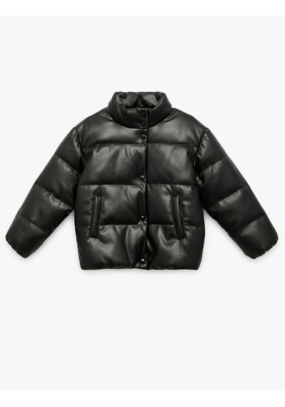 Koton Dik Yaka Cepli Uzun Kollu Suni Deri Şişme Mont Siyah 6wkg20022aw Siyah