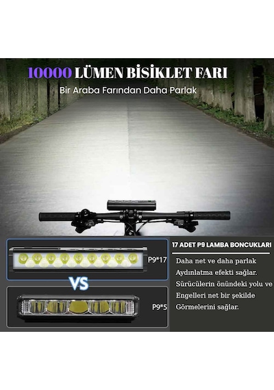 Newboler 10000 Lümen 17 Led Usb Şarjlı Bisiklet Farı 10000 Mah