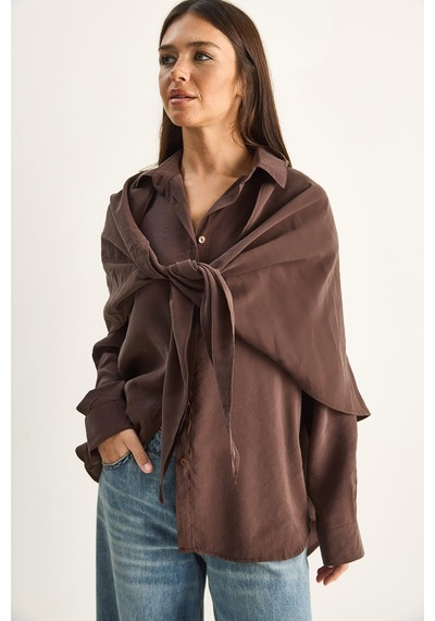 Shade Kadın Şal Aksesuarlı Oversize Modal Gömlek 340 60286164 - Kahverengi