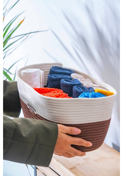 Home Beyond Oval Hasır Organizer - 33 Cm Beyaz/kahverengi