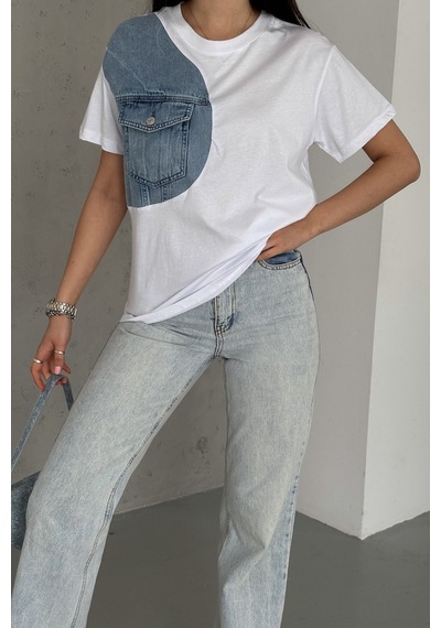 Femelle Kadın Beyaz Denim Kot Detaylı Cepli Tasarım Pamuklu Tişört
