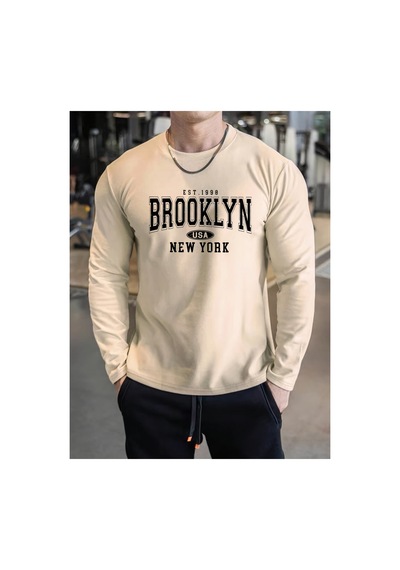 Caddemia Bol Ve Rahat Gündelik Spor Brooklyn Harfli Baskılı Yuvarlak Yakalı Bej 2XL