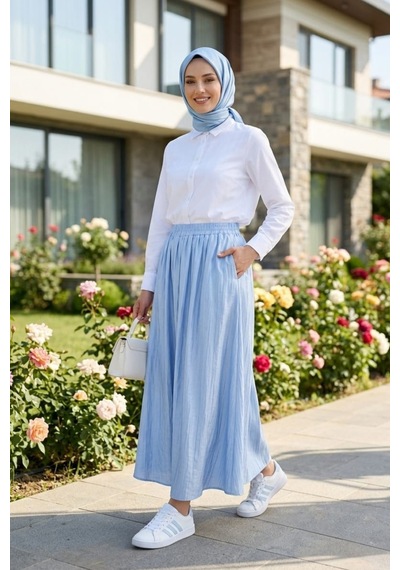 Hb Harma Time Butik Kadın Beli Lastikli Çilek Kumaş Mavi Etek Mavi Mavi