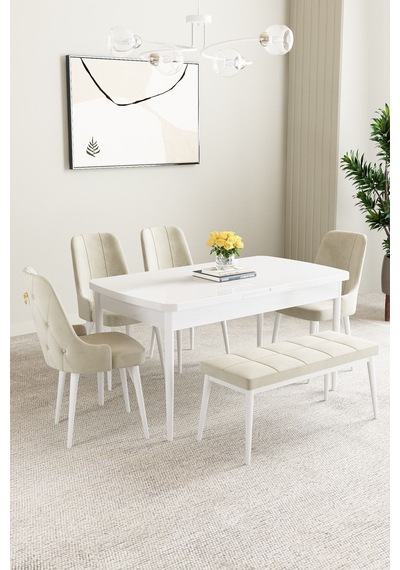 Clara Beyaz 80x132 Açılabilir Mdf Masa Yemek Odası Takımı,mutfak Takımı 4 Sandalye 1 Bench Krem Clara Beyaz 80x132 Açılabilir Mdf Masa Yemek Odası Takımı,mutfak Takımı 4 Sandalye 1 Bench Krem