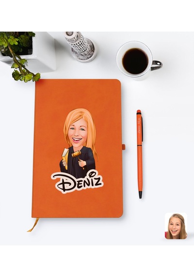 Kişiye Özel Kadın Hakim Karikatürlü Turuncu Termo Deri Defter Kal