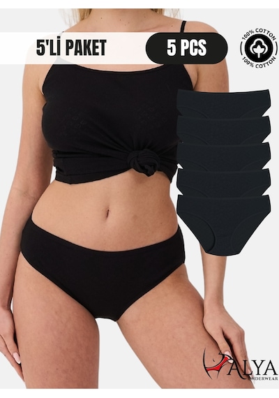 Alya Underwear %100 Pamuklu Kadın Külot Normal Bel Yükseklikli Jakarlı Kalp Desenli Kumaş Slip Siyah