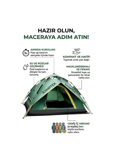 Kamptek Outdoor 4 Kişilik Otomatik Kurulum Kamp Çadırı - Çift Katmanlı, Su Geçirmez, 220x200x140 Cm Yeşil - Renkli